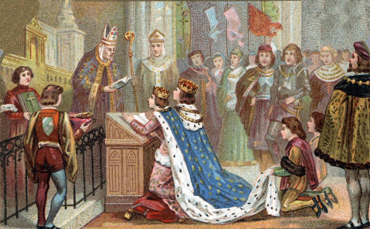 Stosunek Bretanii do Francji: Ludwik XII (1462-1515) poślubił Annę de Bretagne (1477-1514). Ich małżeństwo połączyło Bretanię z Francją (1499). Chromolitografia z końca XIX wieku. autorstwa Unknown artist