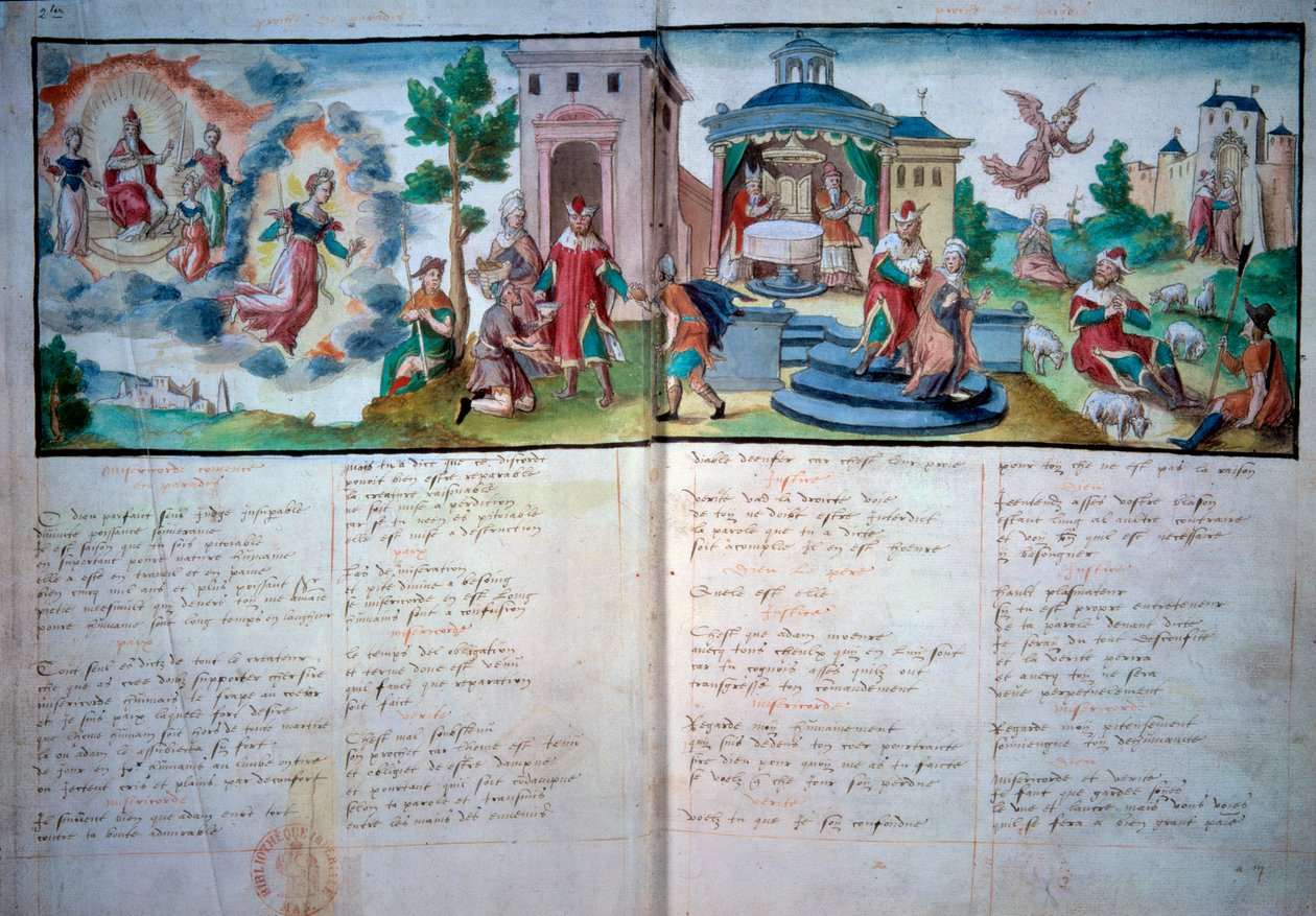 Teatr Religijny: „Pasja i Zmartwychwstanie” grana w Valenciennes w 1547 r. Karta rękopisu z akwarelą, Paryż, B.N. autorstwa Unknown artist