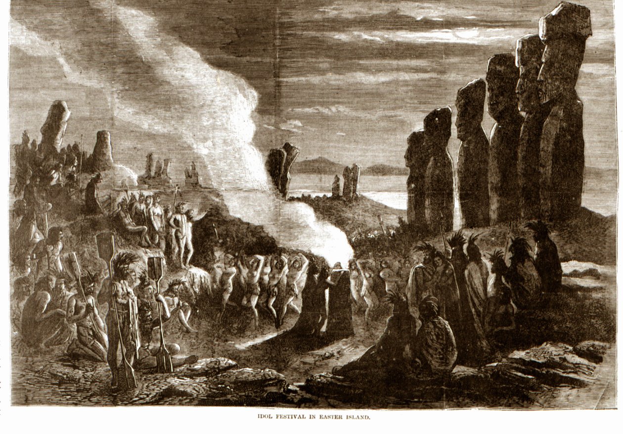 Ceremonia religijna na Wyspie Wielkanocnej (Rapa Nui), Polinezja. Grawerowanie z XIX wieku. autorstwa Unknown artist