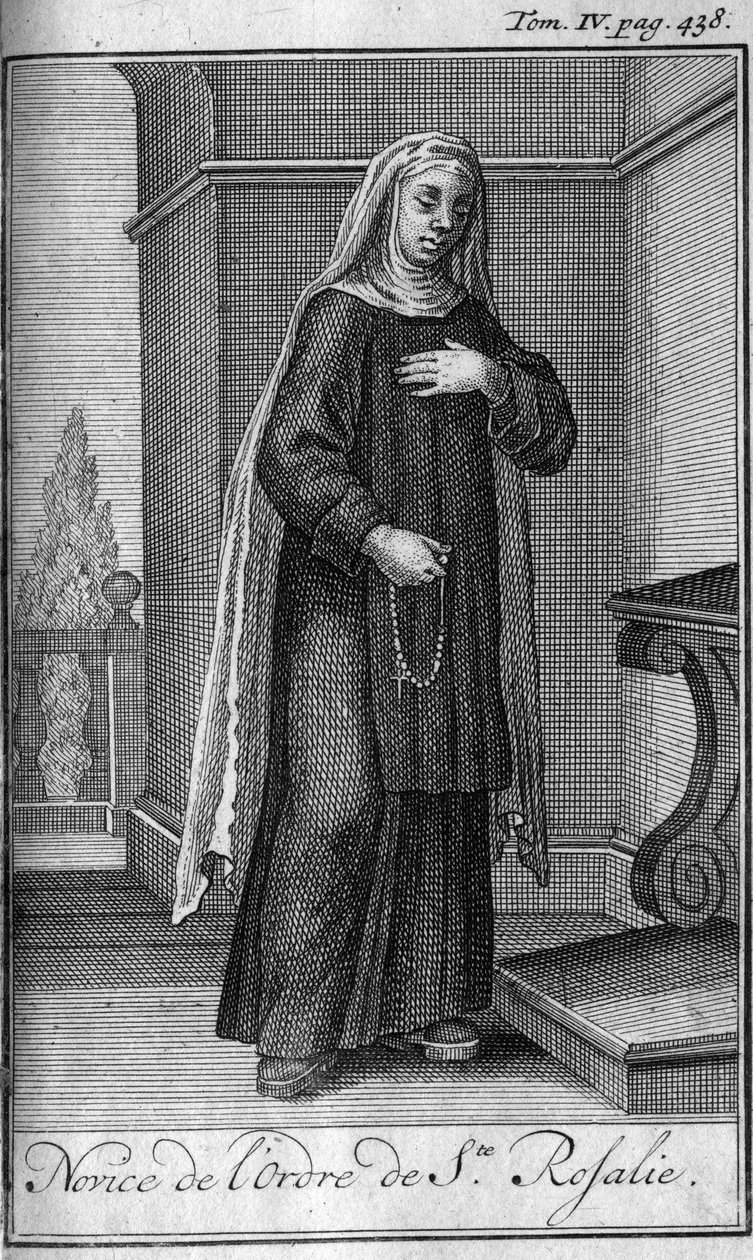 Porządek religijny. Nowicjusz Zakonu Św. Rozalii w Palermo na Sycylii w XVII wieku. W „”Historii zakonów rycerskich czy rycerskich, bezpiecznych i rutynowych milicji obojga płci, które powstały do tej pory. Wydanie zaczerpnięte z Abbe Gius autorstwa Unknown artist