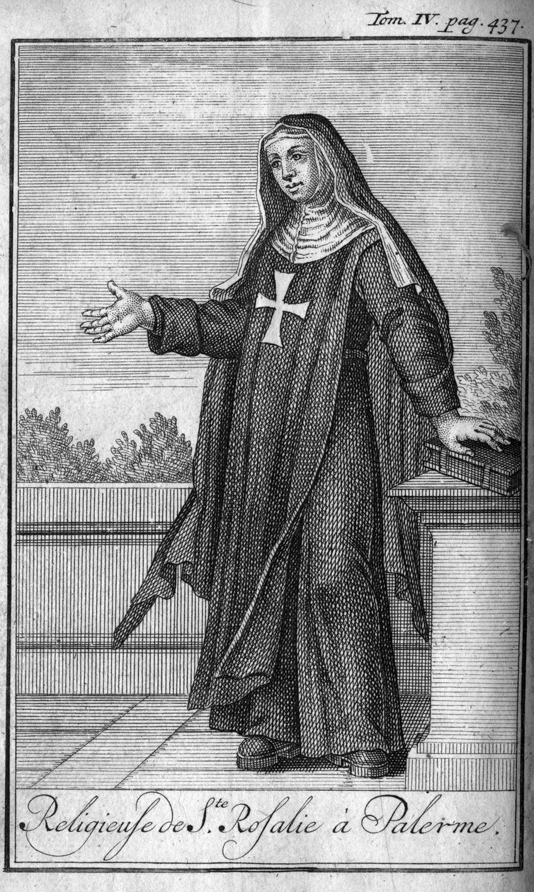 Porządek religijny. Zakonnica św. Rozalii w Palermo na Sycylii w XVII wieku. W „”Historii zakonów rycerskich czy rycerskich, bezpiecznych i rutynowych milicji obojga płci, które powstały do tej pory. Wydanie zaczerpnięte z Abbe Giustinianiego, autorstwa Unknown artist