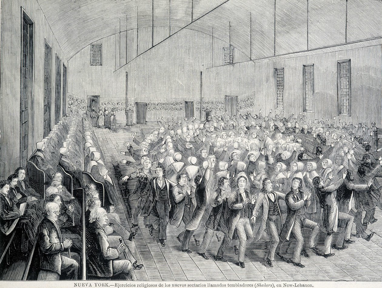 Procesja religijna Shakerów w Nowym Jorku. Ilustracja z XIX wieku. autorstwa Unknown artist