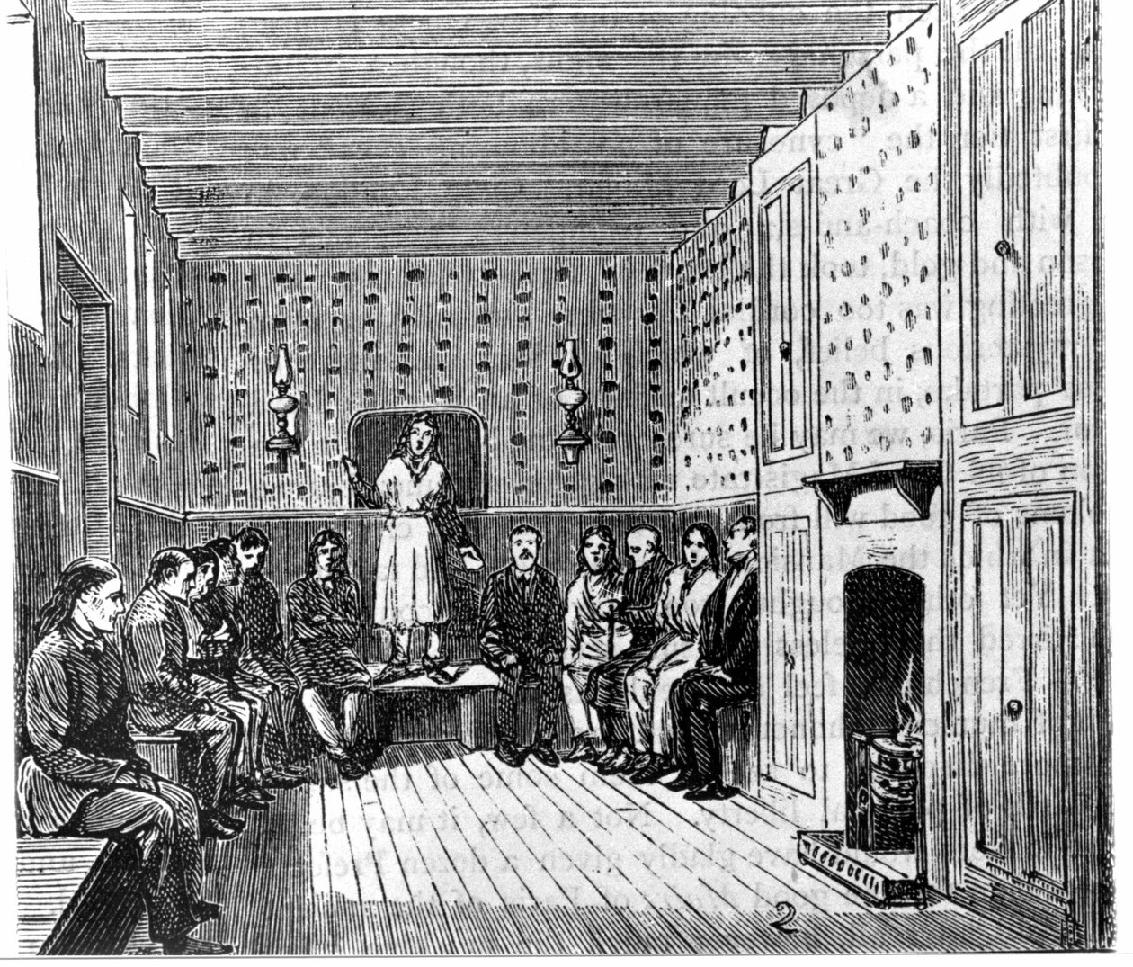 Spotkanie religijne amerykańskich shakerów. Grawerowanie z XIX wieku. autorstwa Unknown artist