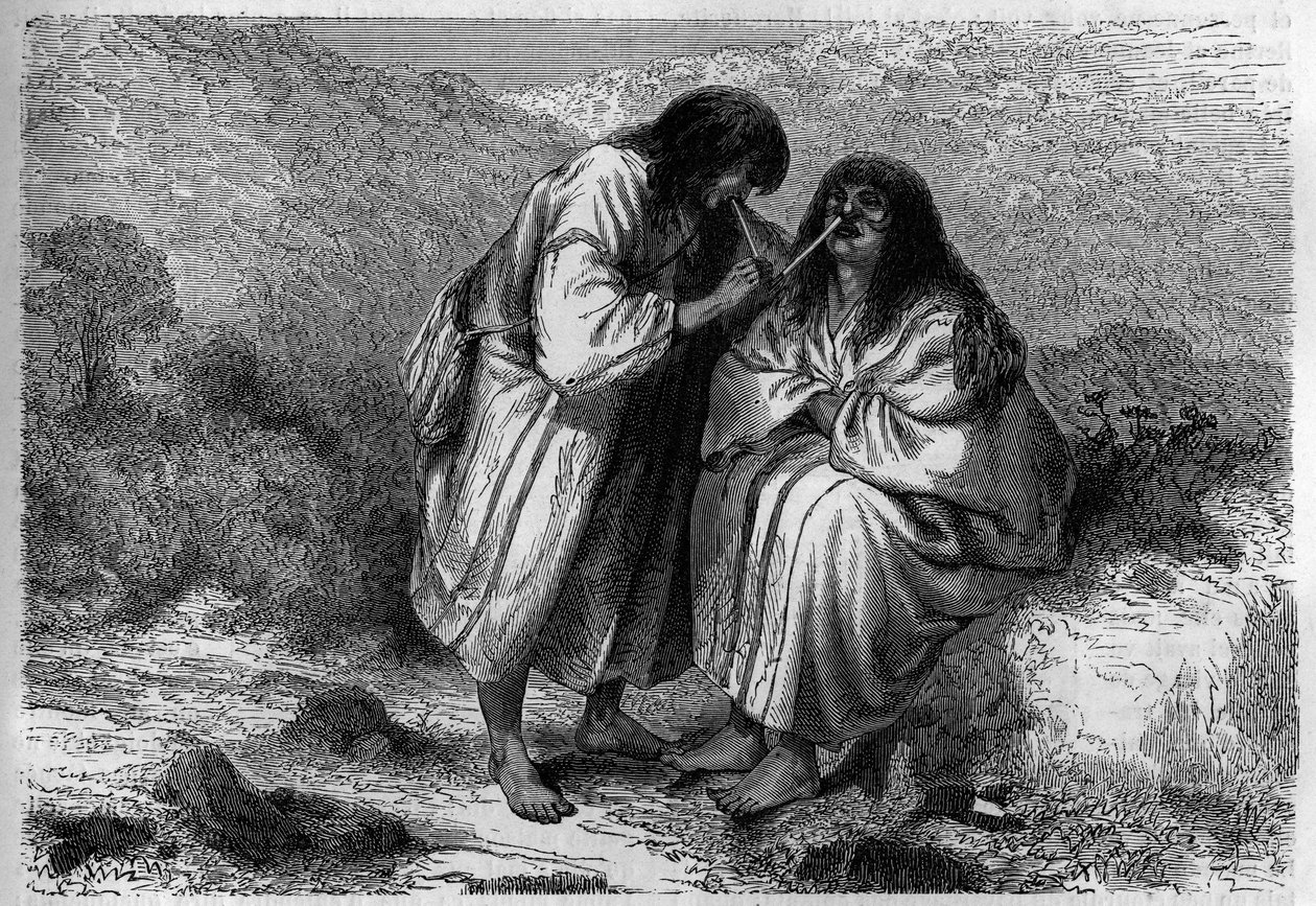 Lekarstwo na przeziębienie: wdychanie tytoniu wśród amerykańskich Indian. Grawerowanie w „Le journal de la jeunesse”” autorstwa Unknown artist