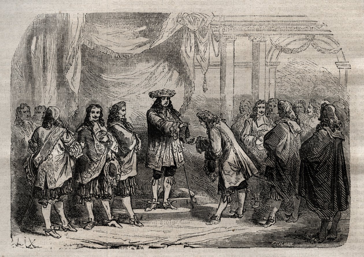Rene Duguay Trouin (Duguay-Trouin) (Rene Trouin du Gue dit) (1673-1736) otrzymujący krzyż Saint-Louis z rąk króla Ludwika XIV - grawerowanie w „Dictionnaire populaire illustrious” - 1864 - Joseph Decembre i Edmonda Alloniera - autorstwa Unknown artist