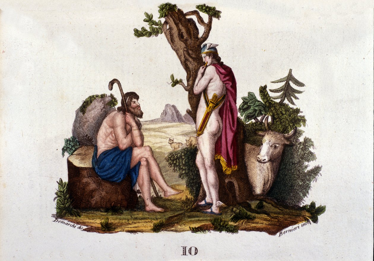 Reprezentacja Argusa i Io, przemieniona w krowę przez Merkurego. Talerz zaczerpnięty z „Słownika mitologii” 1888 autorstwa Unknown artist