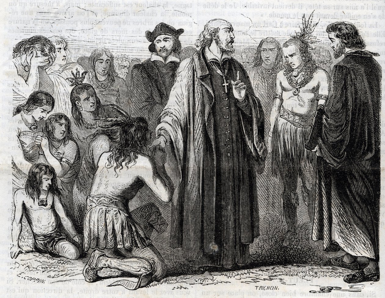 Reprezentacja Bartolome de las Casas (1484-1566) Dominikański ksiądz misjonarz z Indianami” (Portret Bartolome de las casas, dominikanin i protektor Indian - rycina z 1860 r. autorstwa Unknown artist