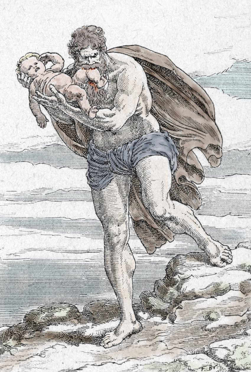 Przedstawienie Kronosa pożerającego jedno ze swoich dzieci (Cronus devouring one of his children) Rycina z książki "My beautiful mythological tales" autorstwa HS Bres, początek XX wieku, kolekcja prywatna autorstwa Unknown Artist