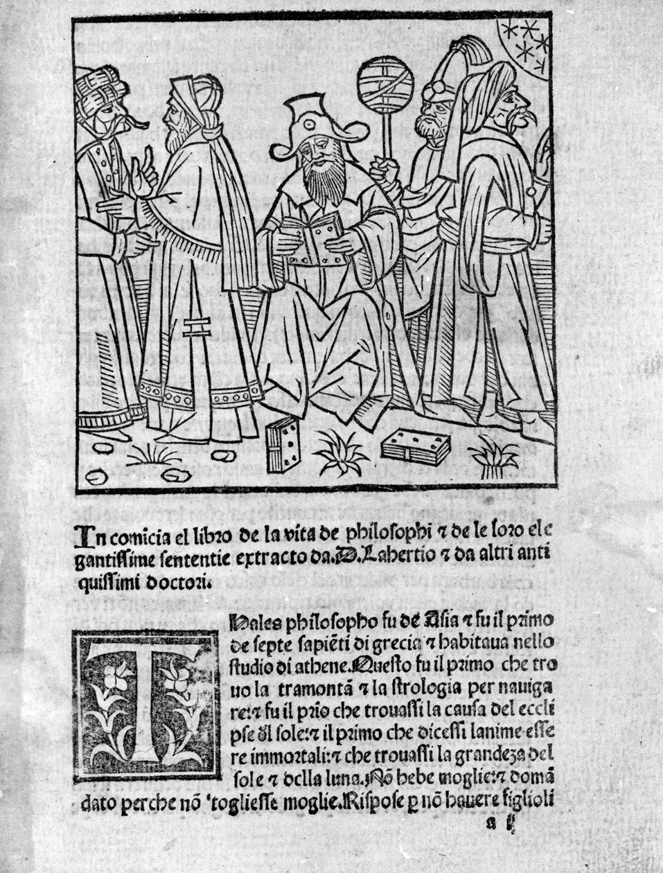 Reprezentacja Diogene Laerce (120-240) (w środku) otacza różnych myślicieli i filozofów Strona zaczerpnięta z „Żywotów, doktryn i zdań wybitnych filozofów”” (Vitae Philosophorum) poety i historyka Diogene Laerce (120-240) 1495 autorstwa Unknown artist