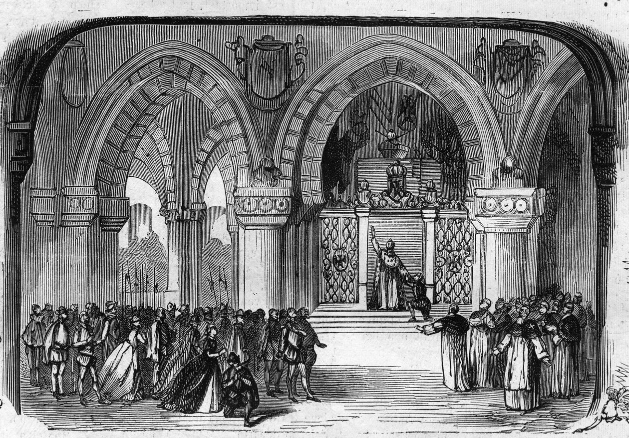 Reprezentacja opery Don Carlo (Don Carlos) w 5 aktach Giuseppe Verdiego w Operze Paryskiej 11 marca 1867 r. Scena V aktu: Klasztor św. Juste, objawienie Karola V. Rycina z 1867 r. autorstwa Unknown artist