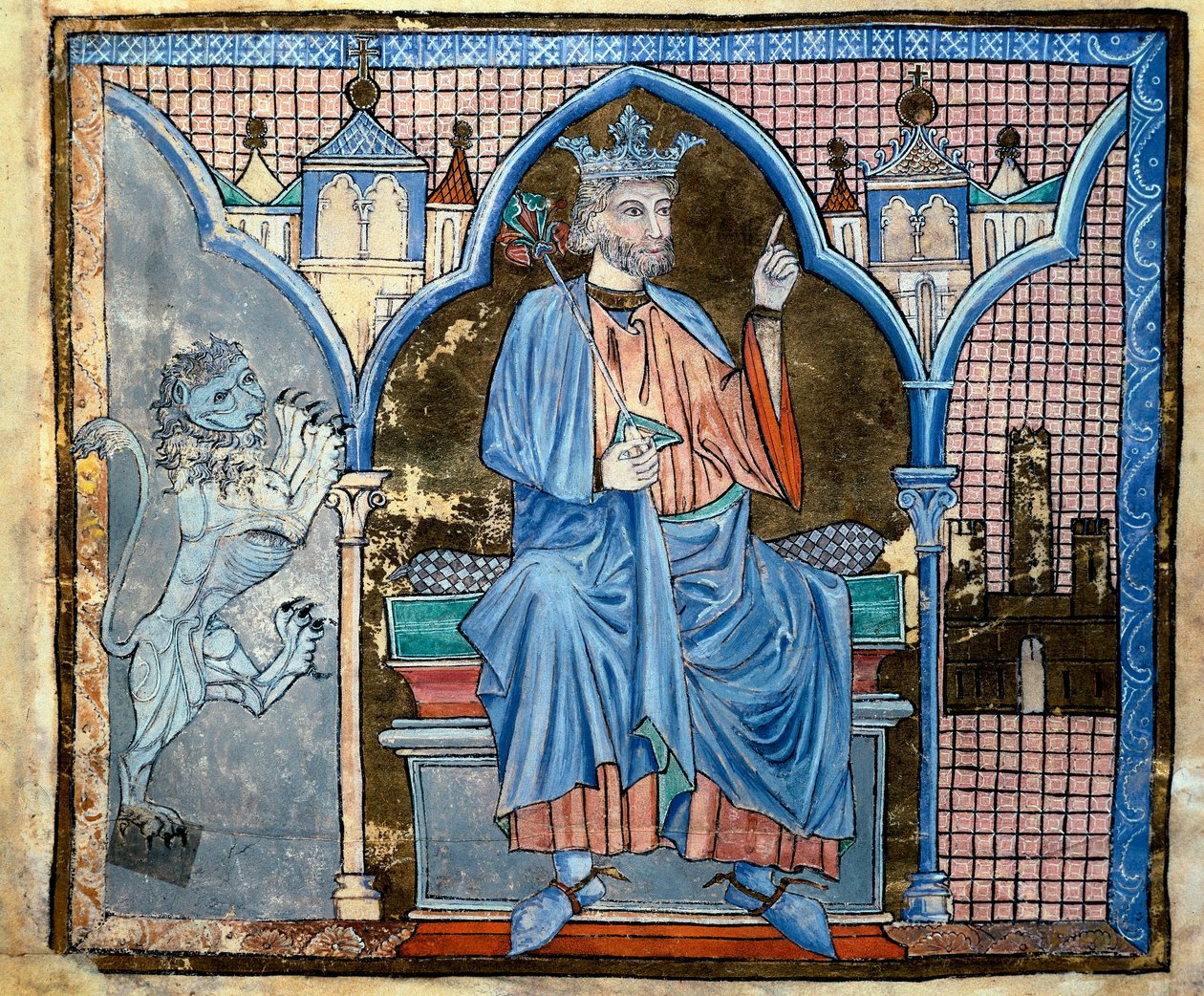 Przedstawienie króla Ferdynanda III Kastylii lub św. Ferdynanda (1199-1252) Miniatura zaczerpnięta z rękopisu „Indeks przywilejów królewskich” fol. 66 v. XIII wiek Santiago de Compostela (Santiago de Compostela) (Santiago de Compostela), archiwum autorstwa Unknown artist