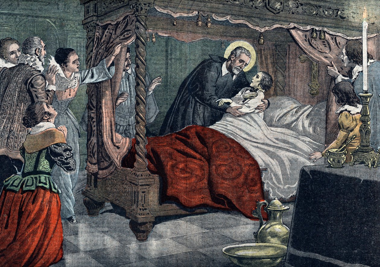 Przedstawienie świętego Filipa Neri (Filippo Neri) (1515-1595), założyciela Kongregacji Oratorium, który wychowywał młodego Paolo Massimo w 1583 roku w kaplicy Pałacu Massimo alle Column w Rzymie (14-letni Paolo Massimo, syn Fabrizio Massimo, autorstwa Unknown Artist