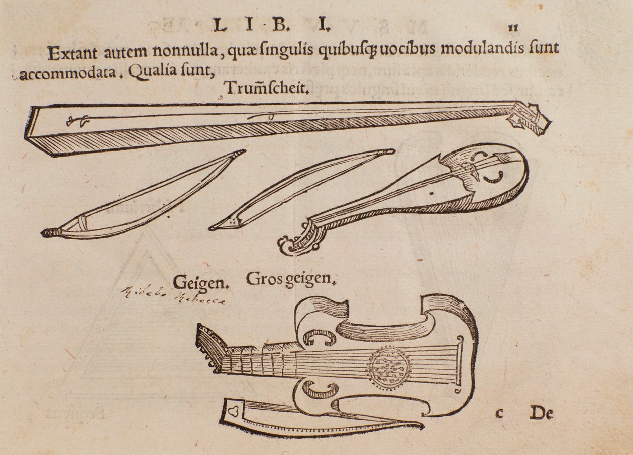 Reprezentacja instrumentów smyczkowych i łucznika. Strona zaczerpnięta z praktycznego podręcznika muzycznego Musurgii autorstwa Unknown artist