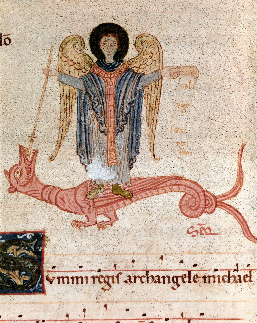 Reprezentacja Archanioła Świętego Michała i smoka Miniatura ze stopniowego antyfonarza (tropair) (ms. 65) Plaisance XII w., Biblioteca Capitolare autorstwa Unknown artist
