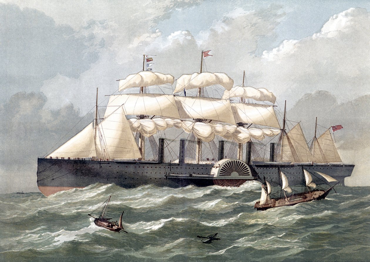 Reprezentacja brytyjskiego statku Great Eastern, pierwszego gigantycznego liniowca, zainaugurowanego w 1858 r. według projektu Isambarda Kingdom Brunela (Wielki wschodni żelazny żaglowiec parowy zaprojektowany przez Isambarda Kingdom Brunela) - XIX w. autorstwa Unknown artist