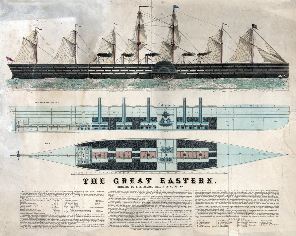 Reprezentacja brytyjskiego statku Great Eastern, pierwszego gigantycznego liniowca, zainaugurowanego w 1858 roku projektu Isambarda Kingdom Brunel - Wielki wschodni żelazny żaglowiec parowy zaprojektowany przez Isambarda Kingdom Brunel - autorstwa Unknown artist