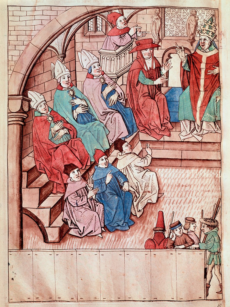 Reprezentacja soboru w Konstancji w latach 1414-1418, na szczycie papież Marcin V (Widok soboru w Konstancji, ok. 1417) Miniatura zaczerpnięta z „Kroniki soboru w Konstancji” Ulricha Richentala (1360-1437) 1438 ok. Pragi, Nati autorstwa Unknown artist
