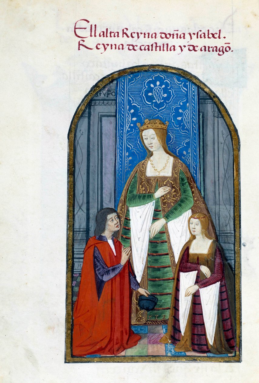 Reprezentacja królowej Hiszpanii Izabeli Katolickiej (1451-1504), jej córki Jeanne Iere the Folle (1479-1555) i Pedro Marcuello. Strona rękopisu zaczerpnięta z „”Zbioru kultu królowej Joanny Folle (1479-1555) Hiszpanii”” Pedro Mar autorstwa Unknown artist