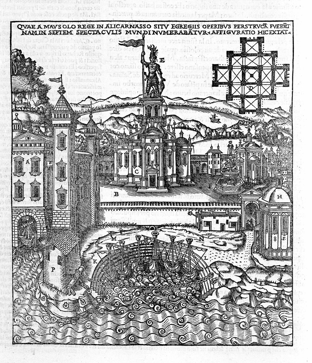 Reprezentacja Siedmiu Cudów Starożytności: Mauzolee Halikarnasu, które znajdowało się na Morzu Egejskim w południowo-zachodniej Turcji. Grawer w „” de Architectura”” autorstwa Vitruvy (I wiek p.n.e.) - wydanie Gottardo da Ponte, Come autorstwa Unknown artist