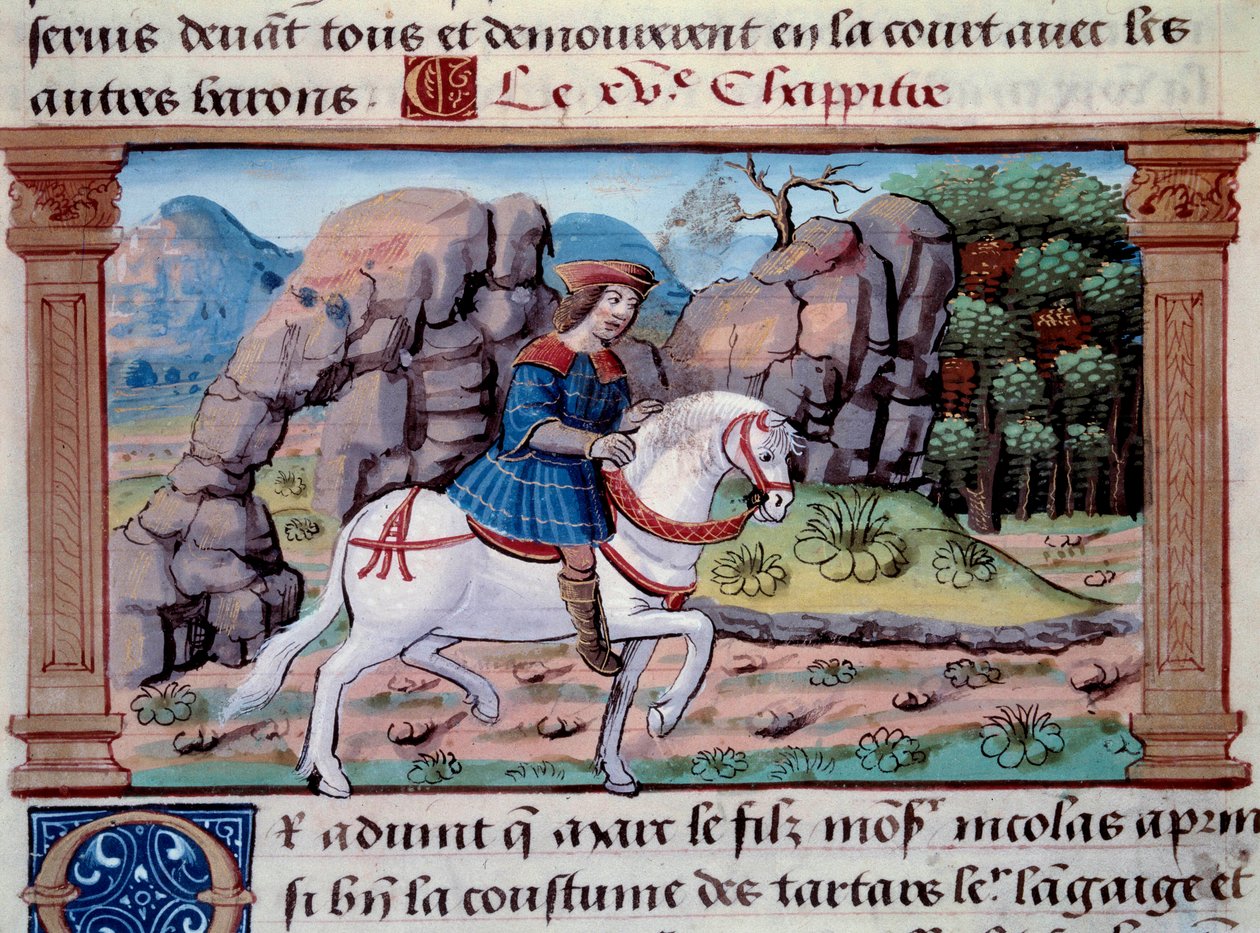 Reprezentacja weneckiego żeglarza Marco Polo (1254-1324) na koniu” Miniatura zaczerpnięta z „Księgi cudów” („Wymyślenie świata”, „Il Milione”) Marco Polo (1254-1324 ). 1298. Paryż, Biblioteka Arsenału autorstwa Unknown artist