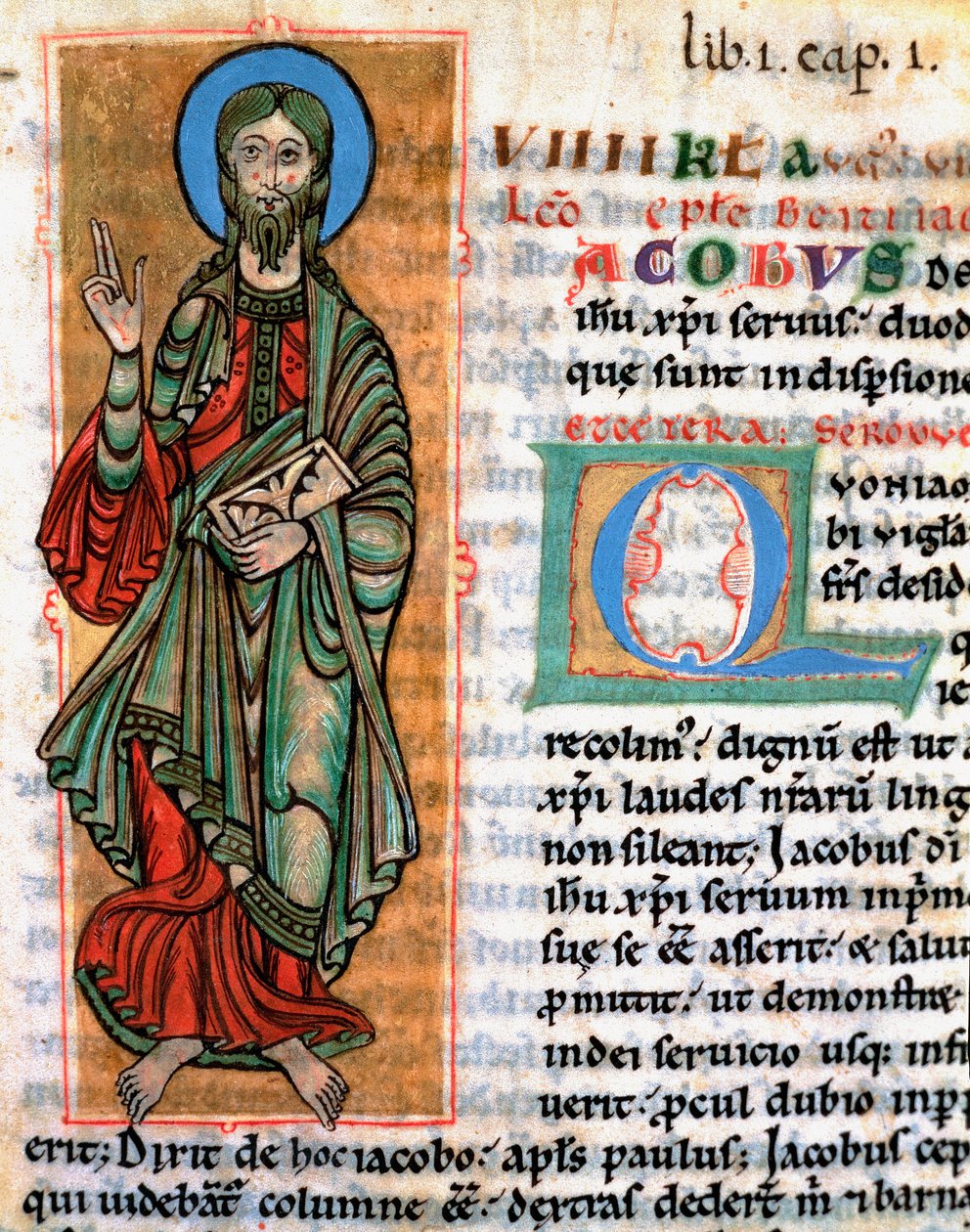 Reprezentacja apostoła św. Jakuba Wielkiego Miniatura zaczerpnięta z „Codex Calixtinus” (Księga św. Jakuba), ok. 1140. Fol. 4. Archiwum Katedry Santiago de Compostela (Santiago de Compostela), Hiszpania autorstwa Unknown artist