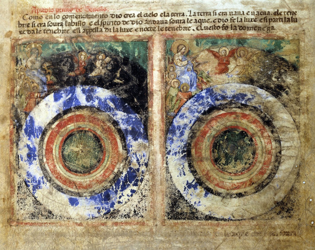 Reprezentacja stworzenia świata. Geneza. Miniatura z kodeksu 212 (lub kodeksu padovano lub Biblii z Padwy) 1390-1400 Rovigo, Accademia dei Concordi autorstwa Unknown artist