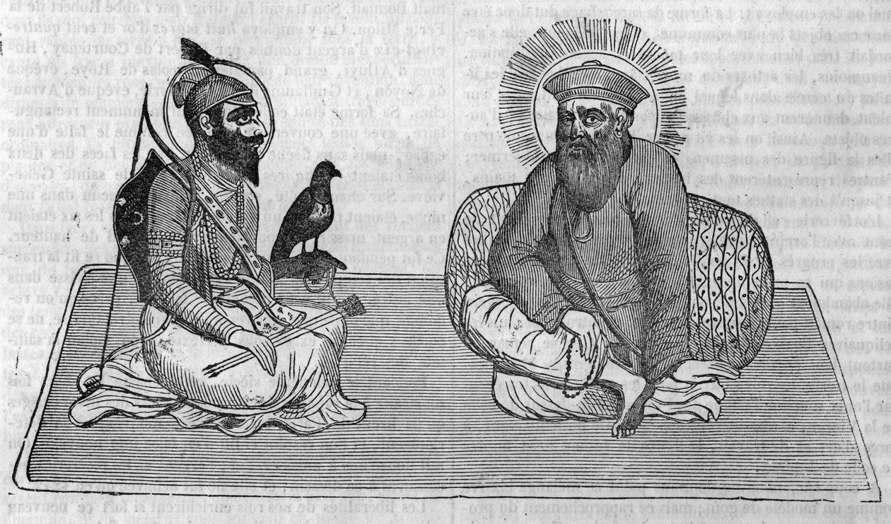 Reprezentacja założycieli sikhizmu (lub religii sikhijskiej): Guru Nanaka (1469-1539) i Guru Gobinda Singha (1666-1708). W „Le magazin malowniczy”” 1836 autorstwa Unknown artist