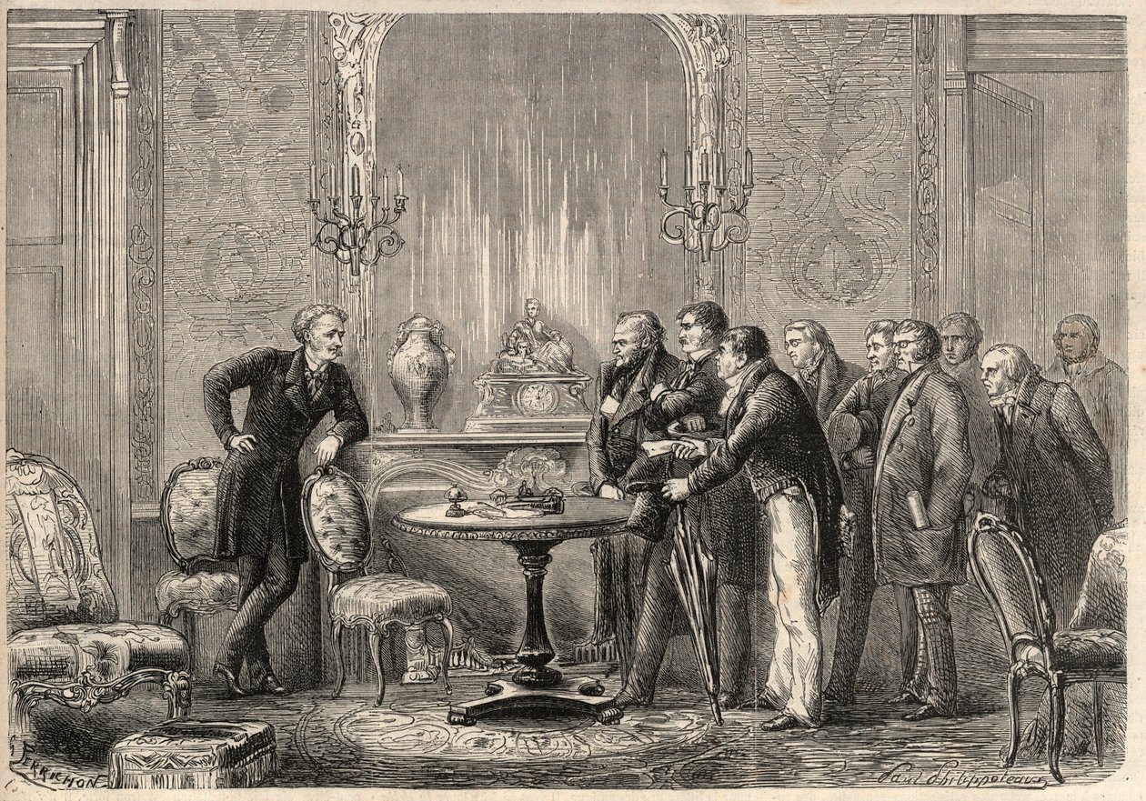 Reprezentacja sztuki „”Mercadet”” (Le Faiseur) Honore de Balzac (1799-1850) w Comedie Francaise. Akt III, scena VI. Grawer w „”L