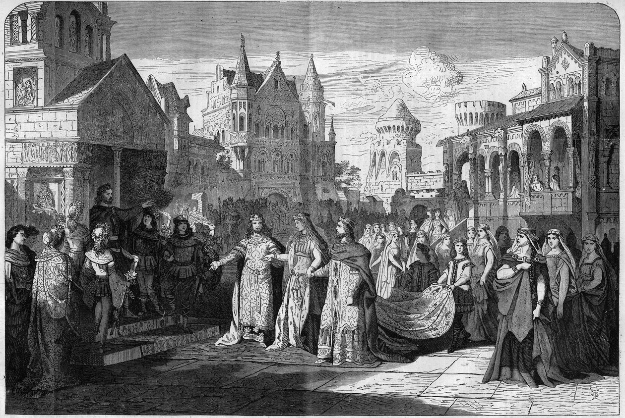 Przedstawienie opery romantycznej „Lohengrin” Richarda Wagnera (1813-1883), akt II ostatnia scena, w Teatrze Królewskim w Monachium, Niemcy. Grawerowanie w „Wspaniałym Wszechświecie” autorstwa Unknown artist