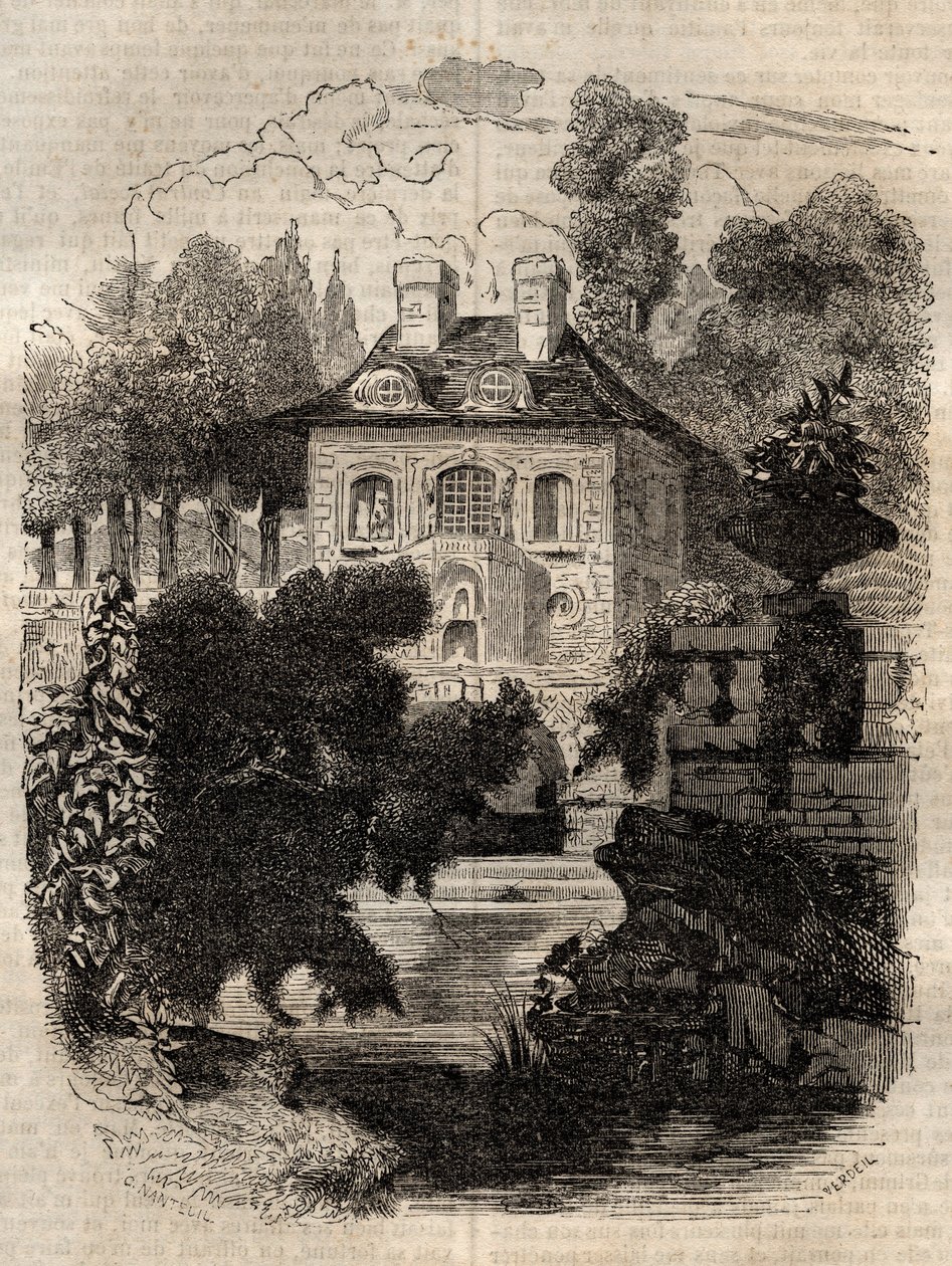 Rezydencja Rousseau na wyspie Saint-Pierre (St. Petersinsel) Berno - Szwajcaria - Ilustracja do „Wyznań” Jeana-Jacquesa (Jean Jacques) Rousseau (1712-1778) - rycina z 1849 roku autorstwa Unknown artist