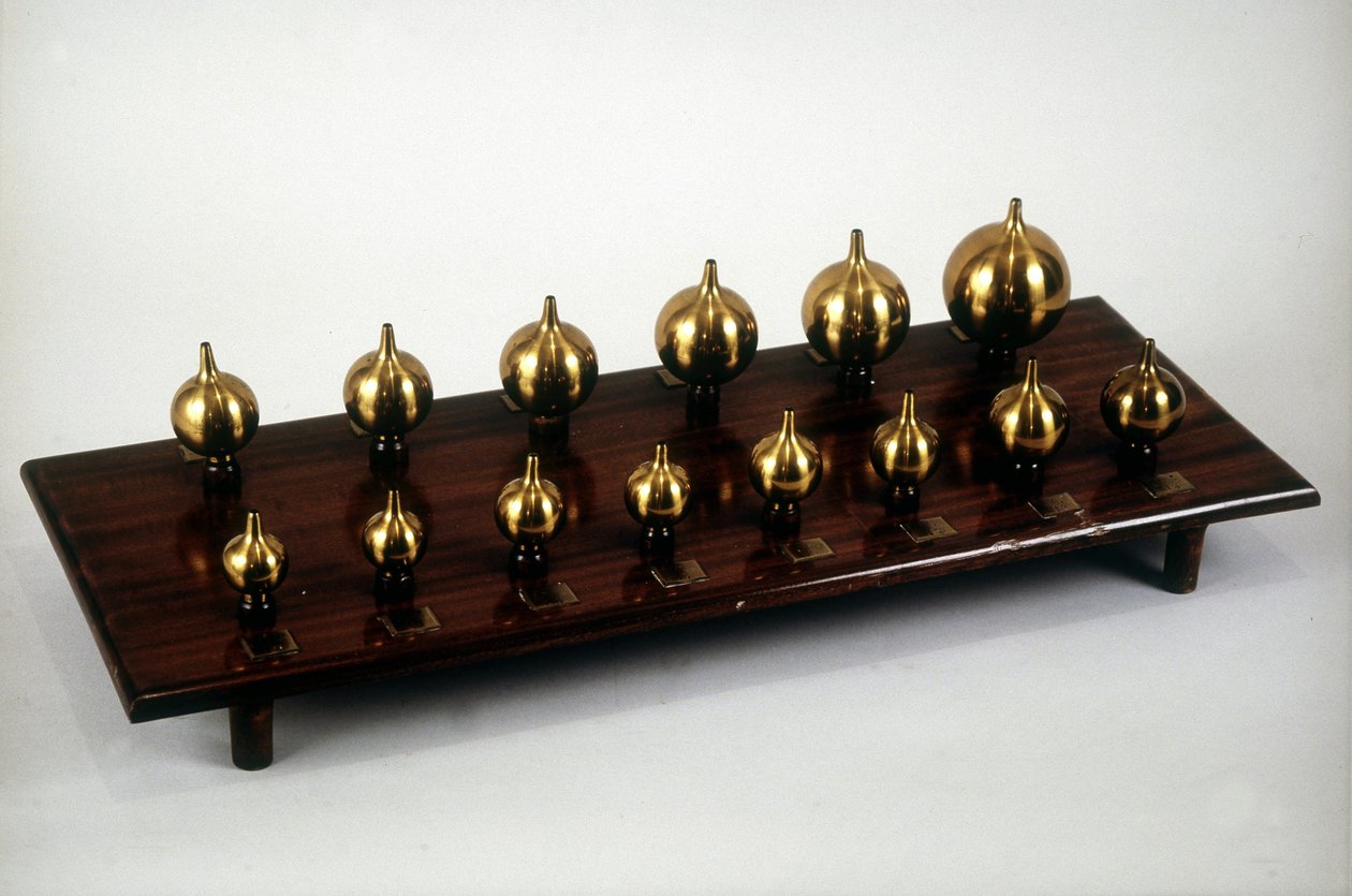 Rezonator Hermanna Ludwiga Ferdinanda von Helmholtza (1821-1894), niemieckiego fizyka i fizjologa. Instrument ten służy do badania mechanizmów słyszenia, analizy i syntezy dźwięków. autorstwa Unknown artist
