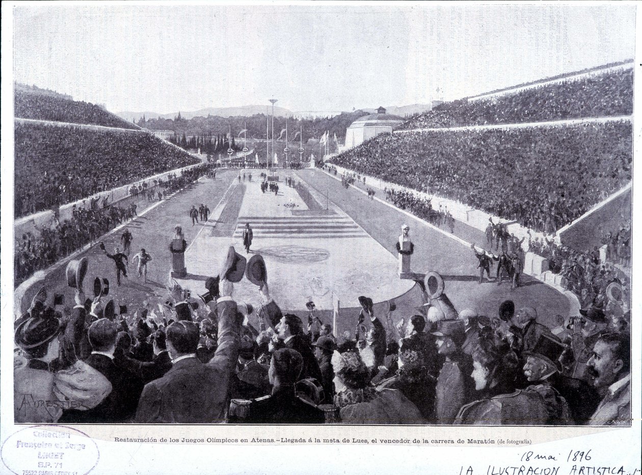 Przywrócenie Igrzysk Olimpijskich w Atenach: przyjazd Luesa, zwycięzcy maratonu autorstwa Unknown artist
