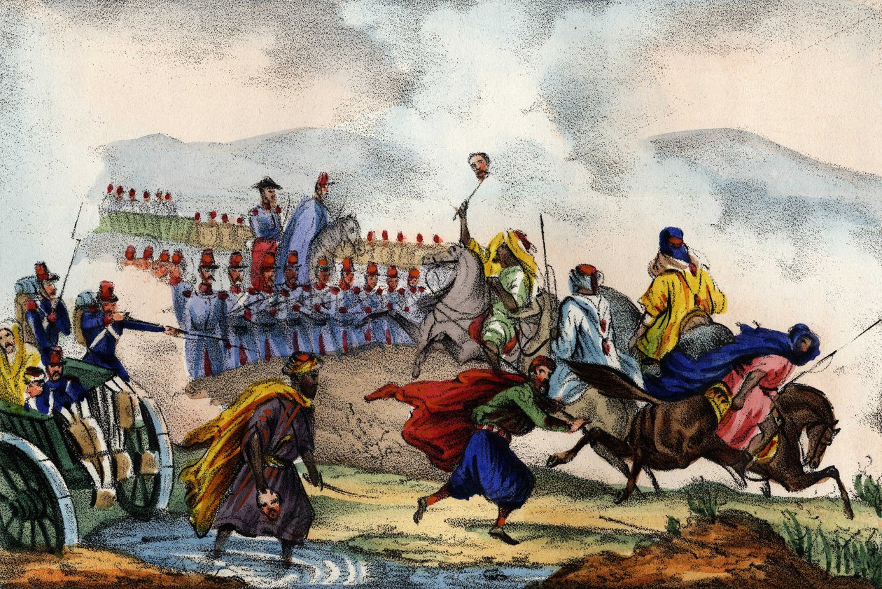 Emerytura Arabów przed placem utworzonym przez francuską armię Afryki w Konstantynie w 1837 r. W „”Storia d