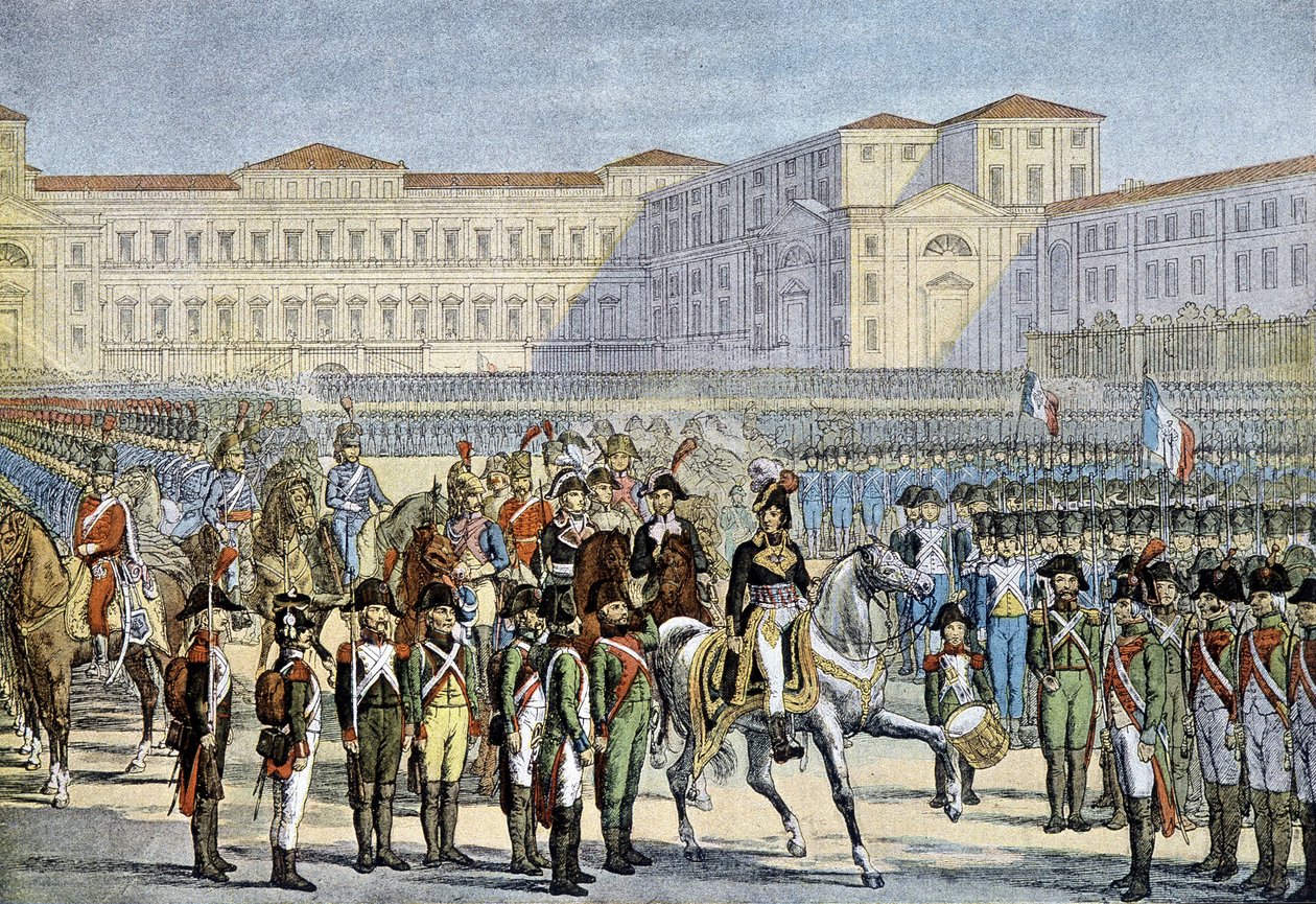 Przegląd armii włoskiej przekazany w Mediolanie przez generała Murata (1800) - litografia autorstwa Unknown artist