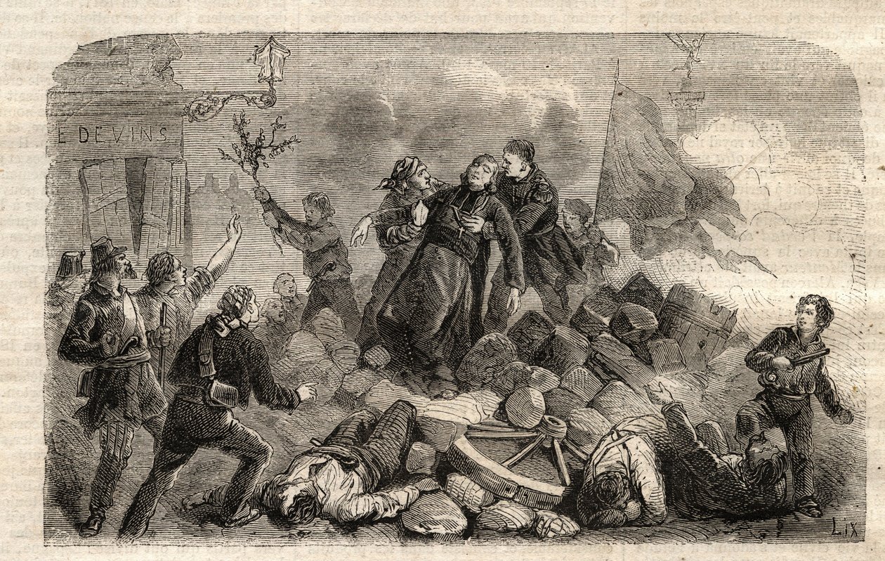 Rewolucja 1848: „” Archeveque Monsignor Denis Affre (1793-1848) na barykadzie Faubourg Saint Antoine w Paryżu 26/06/1848 (Czyń mój Boże, że moja krew jest ostatnim wersem) (Śmierć Denis Affre Arcybiskup Paryża barykada przy wejściu do t autorstwa Unknown artist