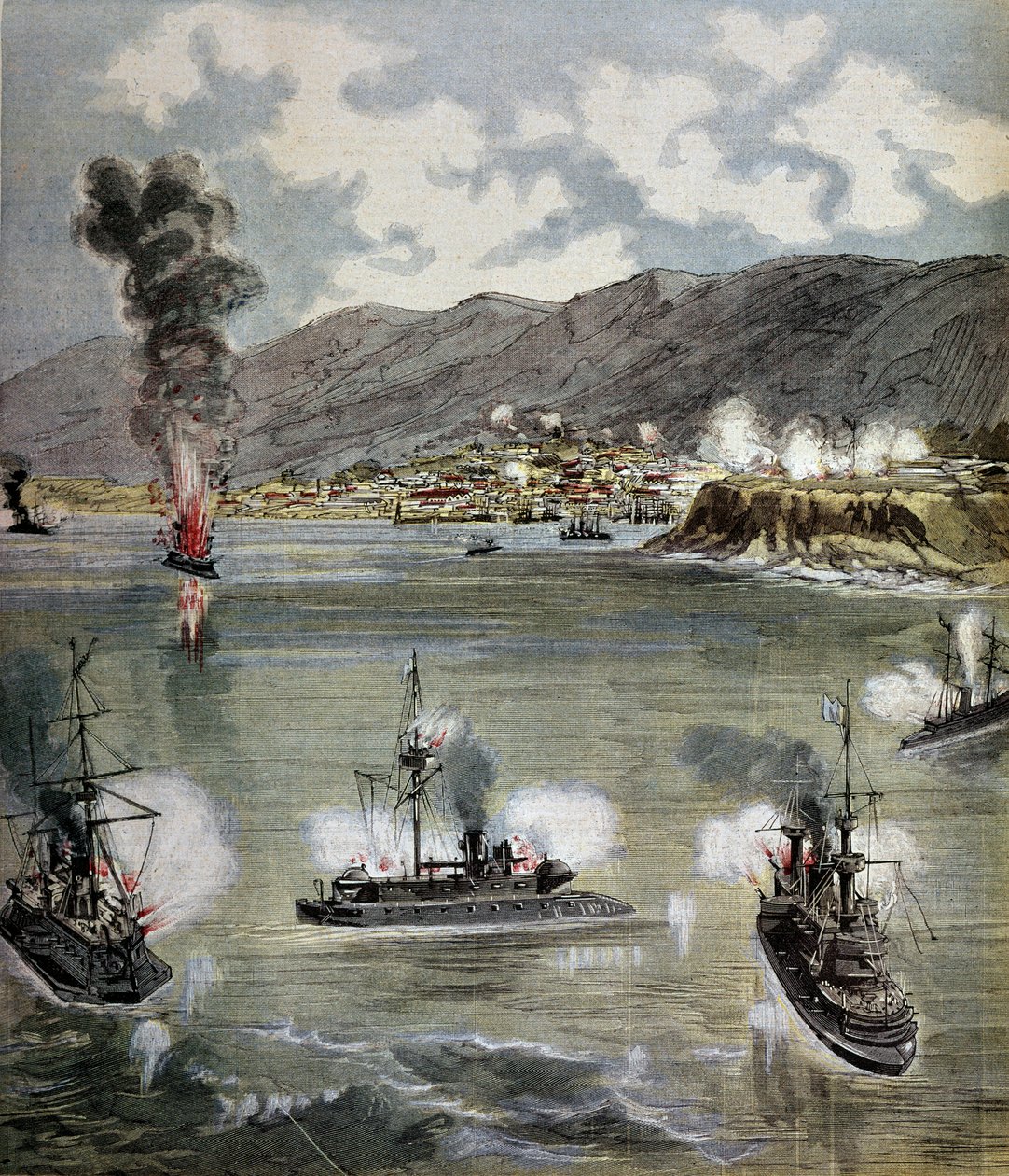 Rewolucja w Chile: atak na Valparaiso w 1891 r. Ilustracja zaczerpnięta z „”Suplement ilustruje dziennik du Pepetit””” 1891. Paryż, B.N. autorstwa Unknown artist