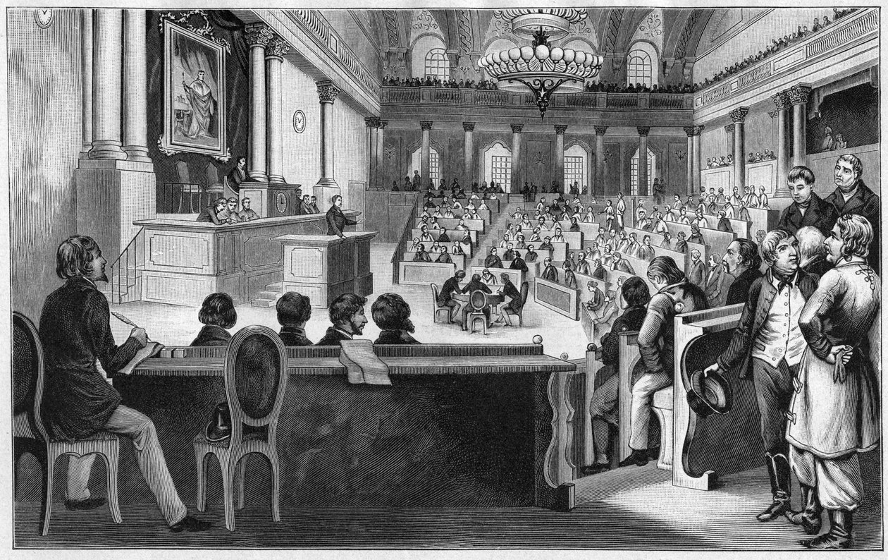 Rewolucja w Wiedniu 1848 - Spotkanie pierwszego austriackiego Zgromadzenia Ustawodawczego (Reichs Versammlung), lipiec 1848, w Hiszpańskiej Szkole Jazdy w Wiedniu, Austria. autorstwa Unknown artist