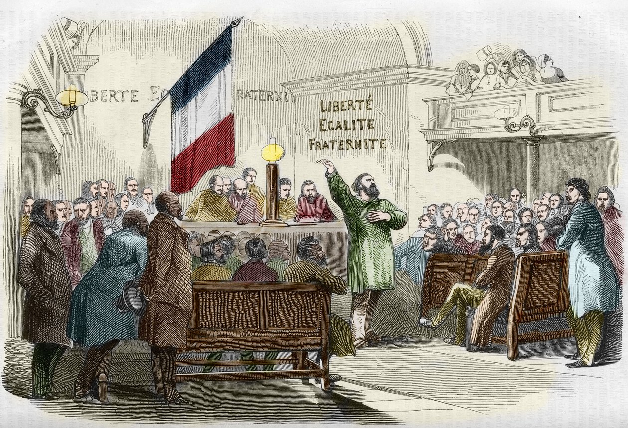 Rewolucja 1848 r.: Spotkanie Klubu Republikanów w Paryżu w 1848 r. Na ścianie widnieje republikańskie motto „wolność, równość, braterstwo”. (Spotkanie w klubie republikańskim). Rycina XIX wieku. autorstwa Unknown artist