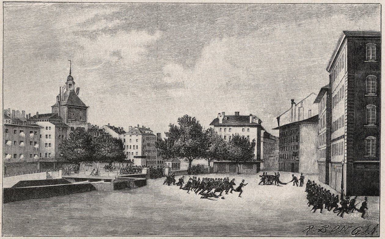 Rewolucja Genewska od 7 do 8 października 1846 (rewolucja fazystowska): obrona św. Gerwazego 7 października 1846 - Widok Place de Bel Air i Ponts-de-l