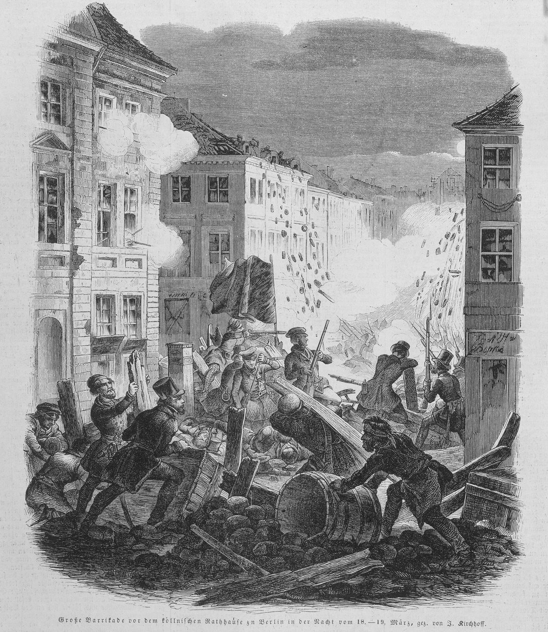 Rewolucja marcowa 1848: barykada w Berlinie 19.03.1848. Fryderyk Wilhelm IV Pruski zostanie doprowadzony do zaakceptowania zjednoczenia i liberalnego rządu. autorstwa Unknown artist