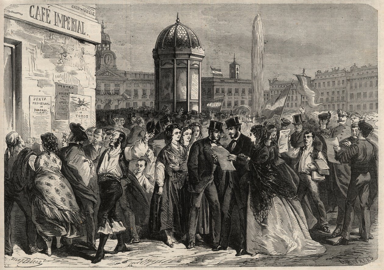 Rewolucja września 1868 w Hiszpanii (Gloriosa): odczytanie manifestu junty na ulicy Alcala w Madrycie. Grawer w „”L
