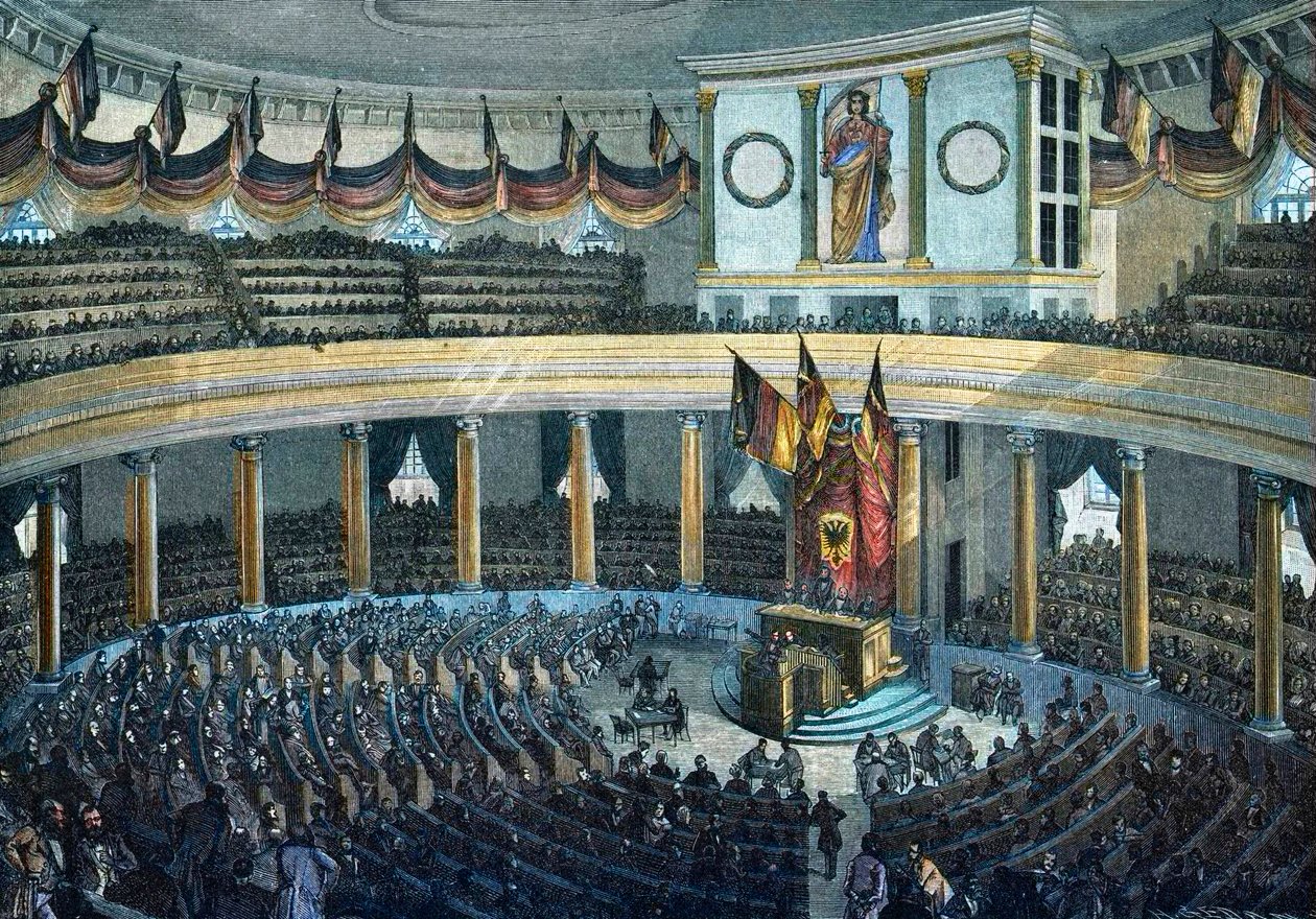Rewolucje 1848 - 1849: Niemieckie Zgromadzenie Narodowe w kościele św. Pawła we Frankfurcie nad Menem - barwiony drzeworyt autorstwa Unknown artist