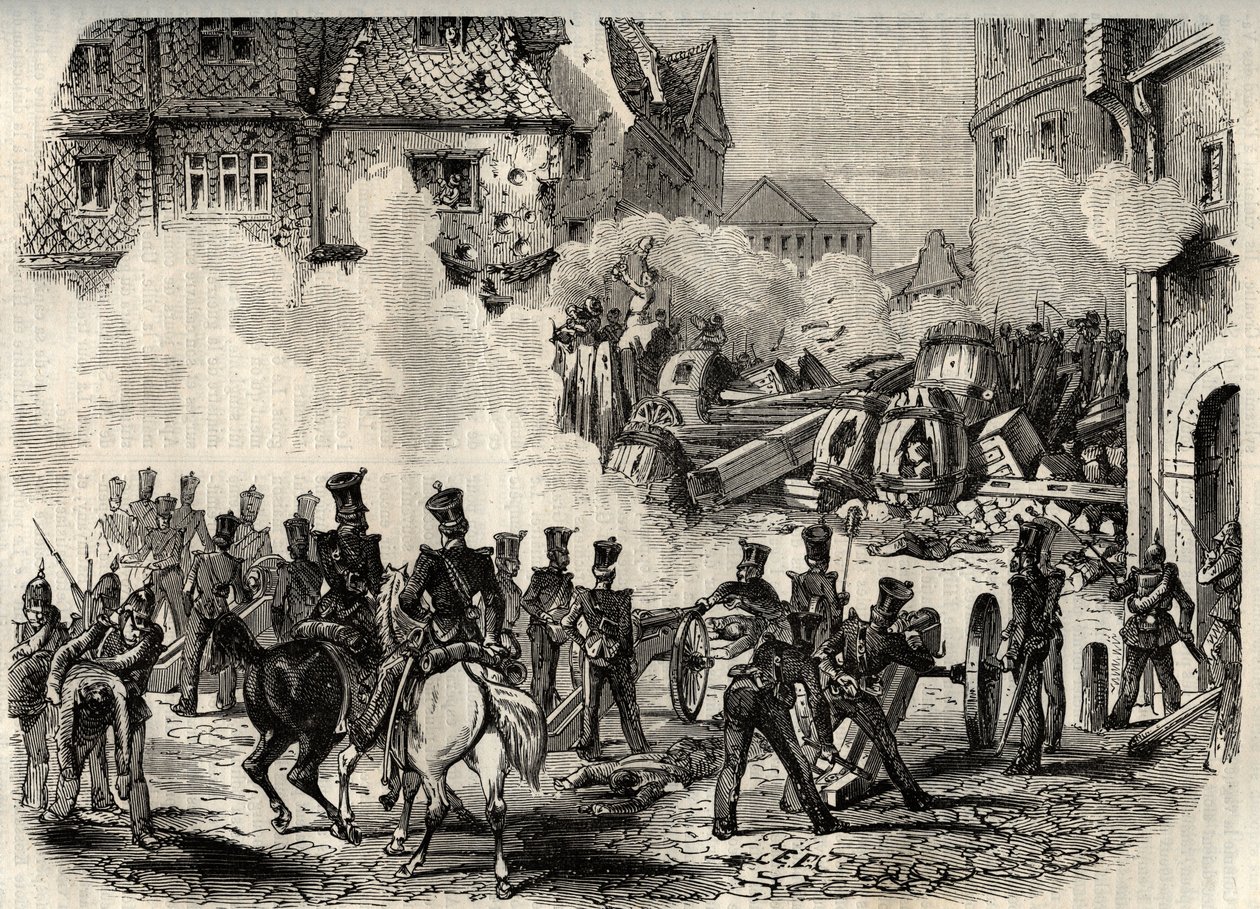 Rewolucje 1848 - 1849, Niemcy, Frankfurt - Oddziały szturmujące barykadę we Frankfurcie, Niemcy, 18 września autorstwa Unknown artist