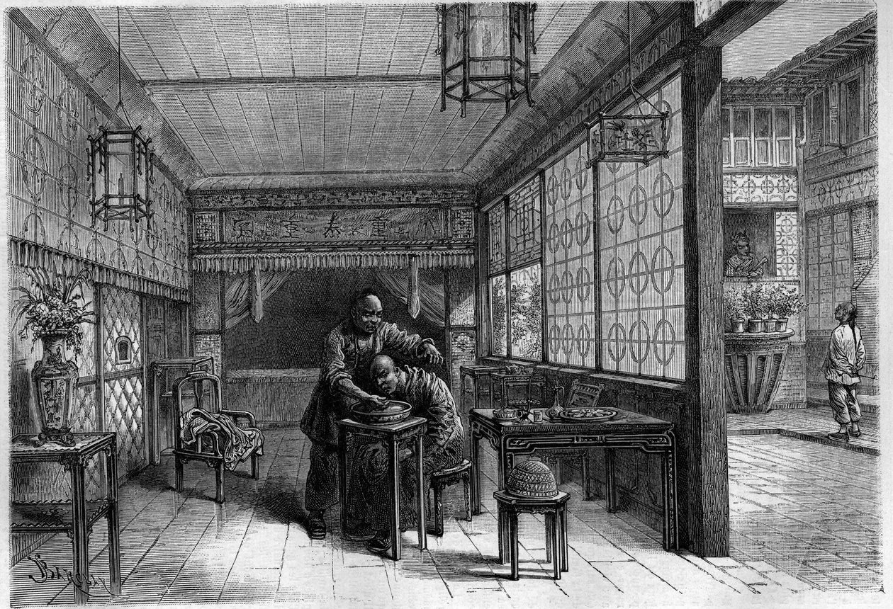 Bogaty Chińczyk w swoim fryzjerze. Grawerowanie w „Dzienniku młodzieży” autorstwa Unknown artist