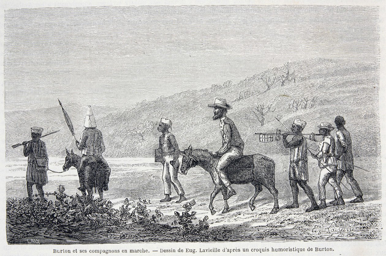 Richard Francis Burton, brytyjski odkrywca (1821-1890) i jego towarzysze w Afryce. Rysunek ilustrujący artykuł „Podróż kapitana Burtona do Wielkich Jezior Afryki 1857-59” - w „Tour du Monde”, II semestr. 1860 autorstwa Unknown artist