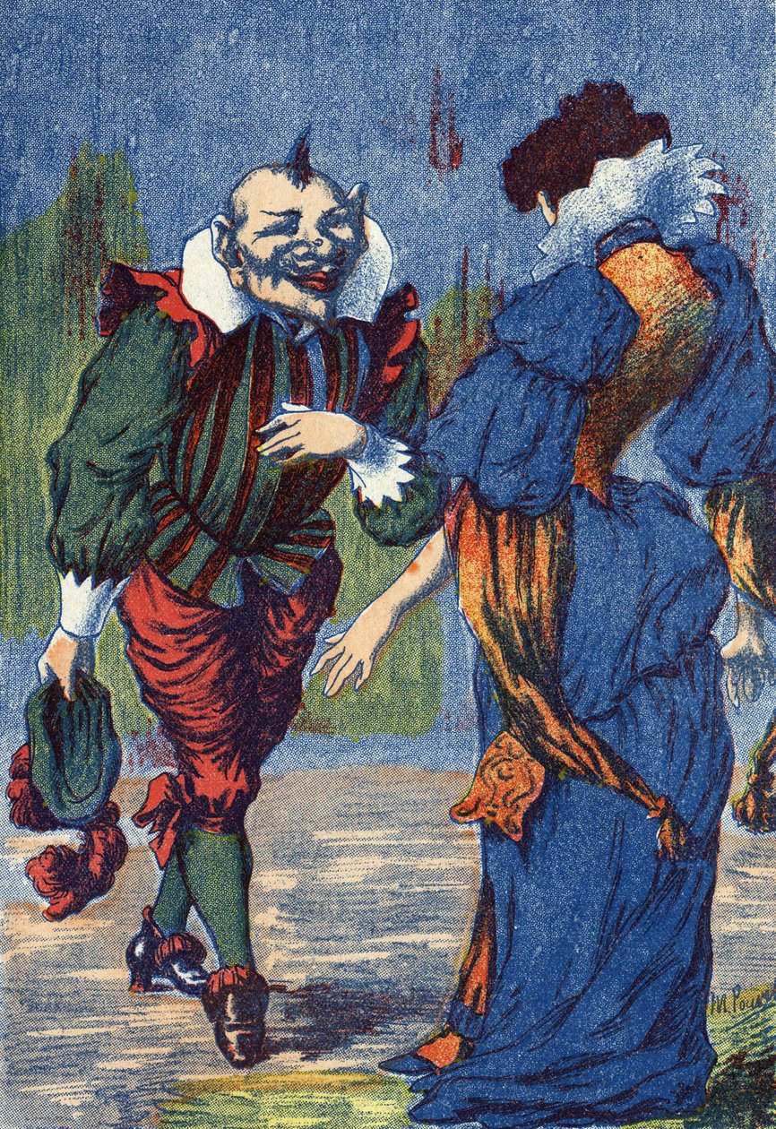 Riquet ponownie przedstawia się księżniczce. Ilustracja do „Riquet a la houppe”, opowiadania Charlesa Perraulta (1628-1703), francuskiego pisarza. Anonimowa ilustracja. Zdjęcia Marcel Vagne, Jarville Nancy, bez daty (koniec XIX wieku). autorstwa Unknown artist