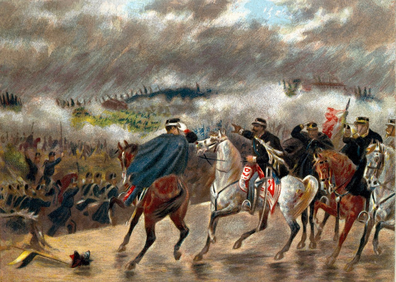 Risorgimento - kampania włoska (1859): Victor Emmanuel II (Vittorio Emanuele II) (Victor-Emanuel) (1820-1878) podczas bitwy pod San Martino poprowadził wojska Piemontu przeciwko armii austriackiej 24.06.1859. Prywatna kolekcja autorstwa Unknown artist