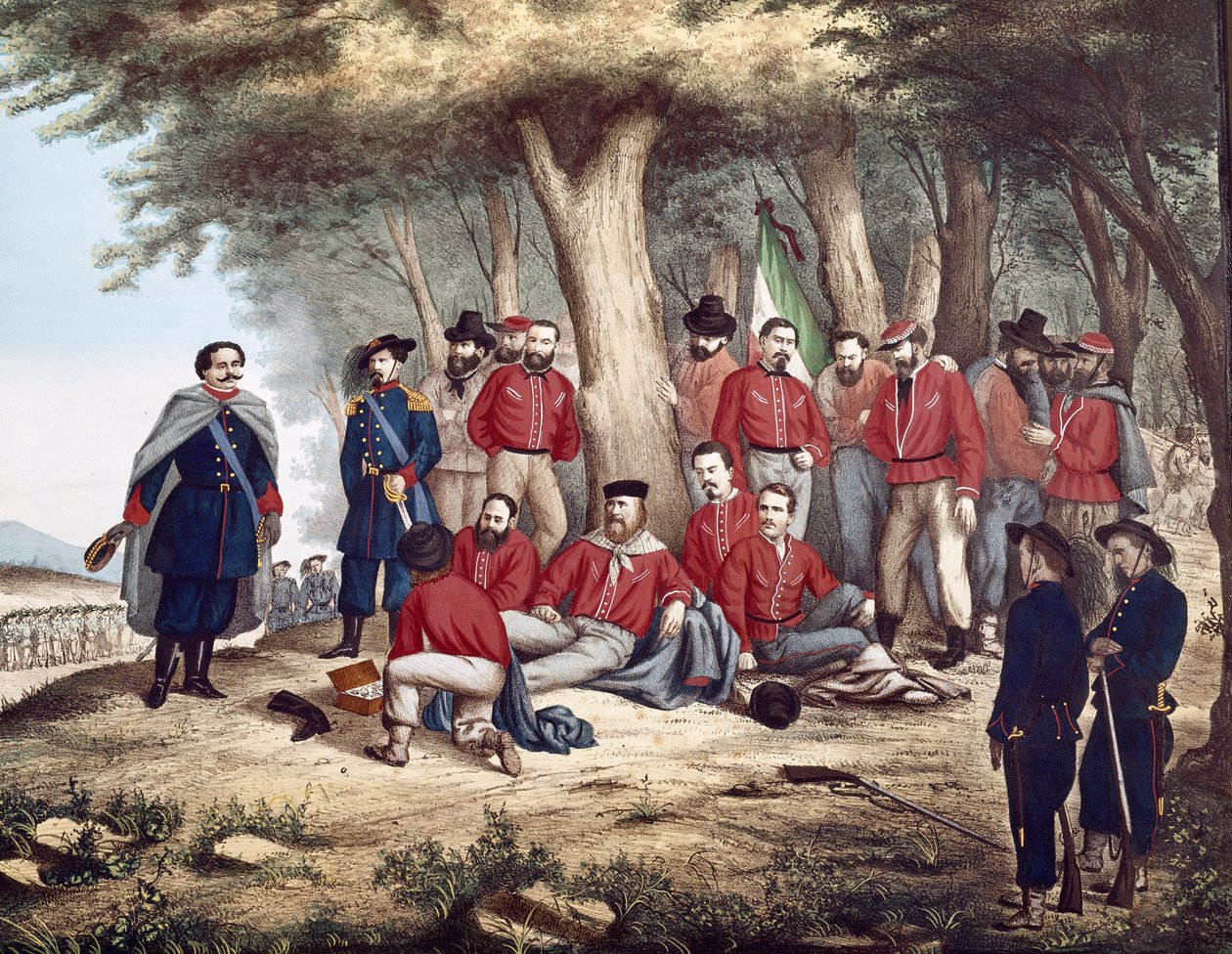 Risorgimento: „włoski patriota Giuseppe Garibaldi (1807-1882) rany w Aspromonte, 29.08.1862 jest transportowany przez żołnierzy” (obraz) autorstwa Unknown artist