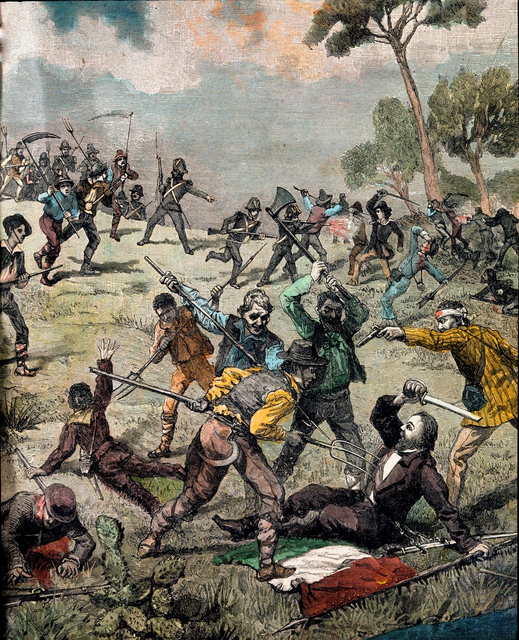 Risorgimento: „”włoski rewolucjonista Carlo Pisacane (1818-1857) zostaje zaatakowany przez chłopów w Sapri 28.06.1857””Prywatne zbiory ryciny autorstwa Unknown artist