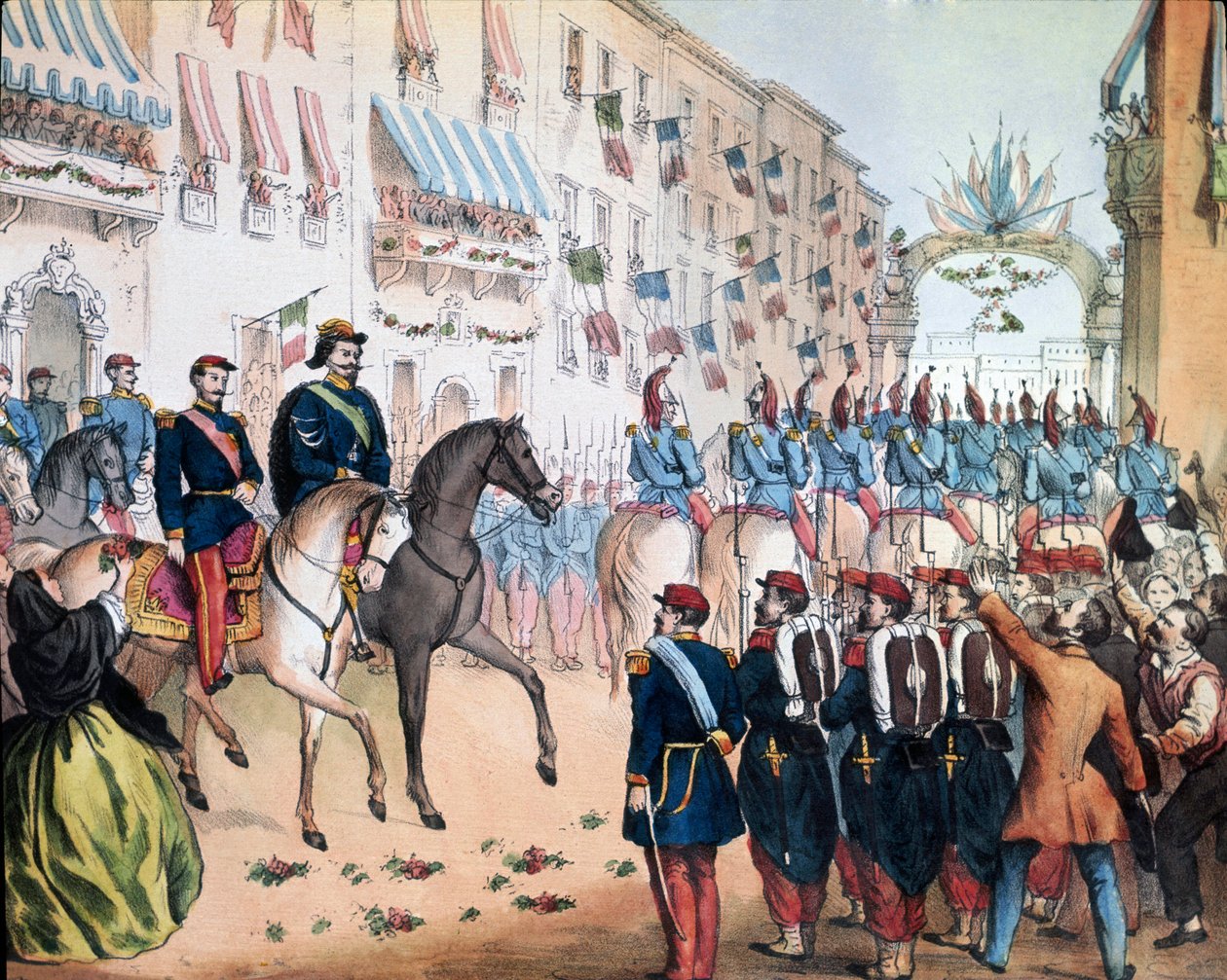 Risorgimento: „” wejście Wiktora Emanuela (Victor-Emmanuel lub Vittorio Emanuele) II, króla Włoch i Napoleona III, cesarza Francji, w Mediolanie w dniu 08.06.1859. Litografia Narodowe Muzeum Risorgimento w Rzymie autorstwa Unknown artist